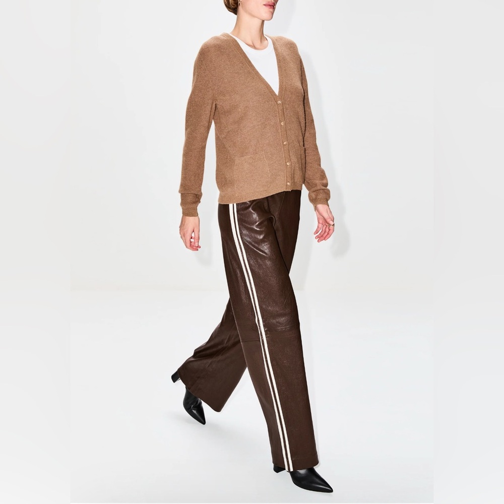 SPRWMN 💯 Leather Brown Baggy Athletic Track Pants Wide-Leg Side Stripes Large